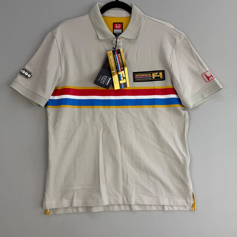 NWT Vintage Culture Honda F1 Racing Team 1986 Championship Polo Shirt Tan Mens M